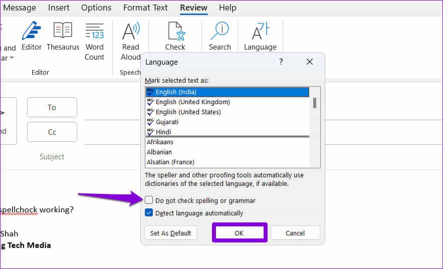 Change-Proofing-Languge-Settings-in-Outlook أفضل 6 إصلاحات لعدم عمل التدقيق الإملائي في Microsoft Outlook لـ Windows