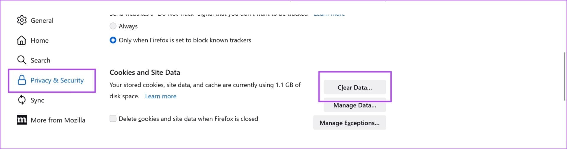 Clear-Data-Firefox 11 طريقة لإصلاح "حدث خطأ" في Apple TV Plus على Windows