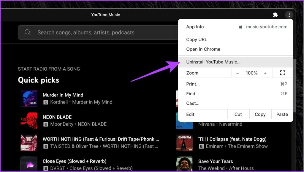 Click-on-the-three-dot-icon-in-the-top-right-corner.-Now-select-Uninstall-YouTube-Music-1024x578-1 كيفية تثبيت تطبيق YouTube Music على سطح المكتب (Windows وMac)
