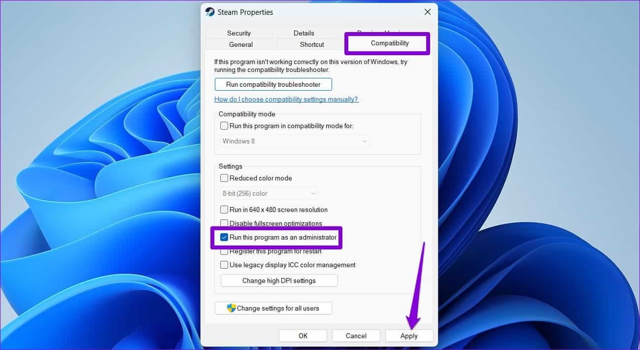 Configure-Steam-to-Run-as-Admin أفضل 7 طرق لإصلاح خطأ رفض الوصول في Steam على Windows