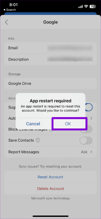 Confirm-Reset-Account-in-Outlook-App-1-710x1536-1 أفضل 7 طرق لإصلاح عدم إرسال رسائل البريد الإلكتروني في Microsoft Outlook على Android و iPhone