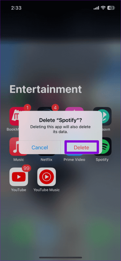 Confirm-Uninstall-Spotify-on-iPhone-710x1536-1 أفضل 9 طرق لإصلاح خطأ "Spotify لا يمكنه تشغيل هذا الآن"