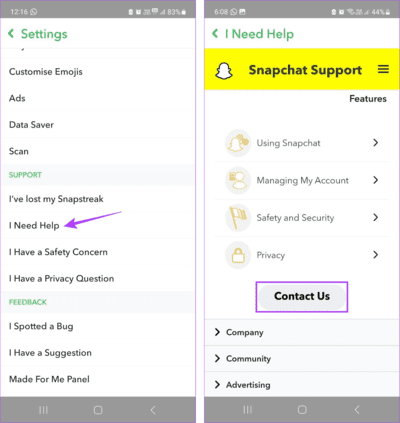 Contact-Snapchat-Support 9 طرق لإصلاح ظهور خطأ "فشل الإرسال" في Snapchat  على Android و iPhone