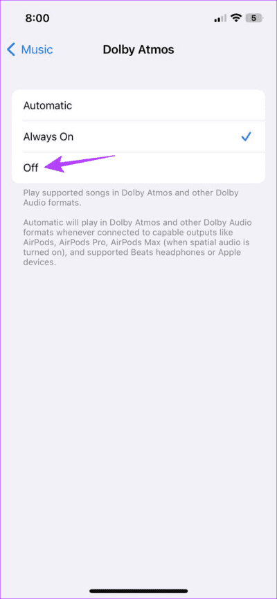 Disable-Dolby-Atmos 9 طرق لإصلاح مشكلة انخفاض مستوى صوت Apple Music على iPhone