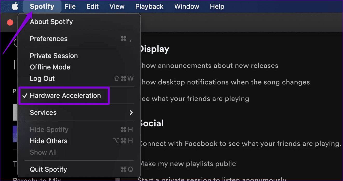 Disable-Hardware-Acceleration-in-Spotify-for-Mac-1 أفضل 9 طرق لإصلاح خطأ "Spotify لا يمكنه تشغيل هذا الآن"