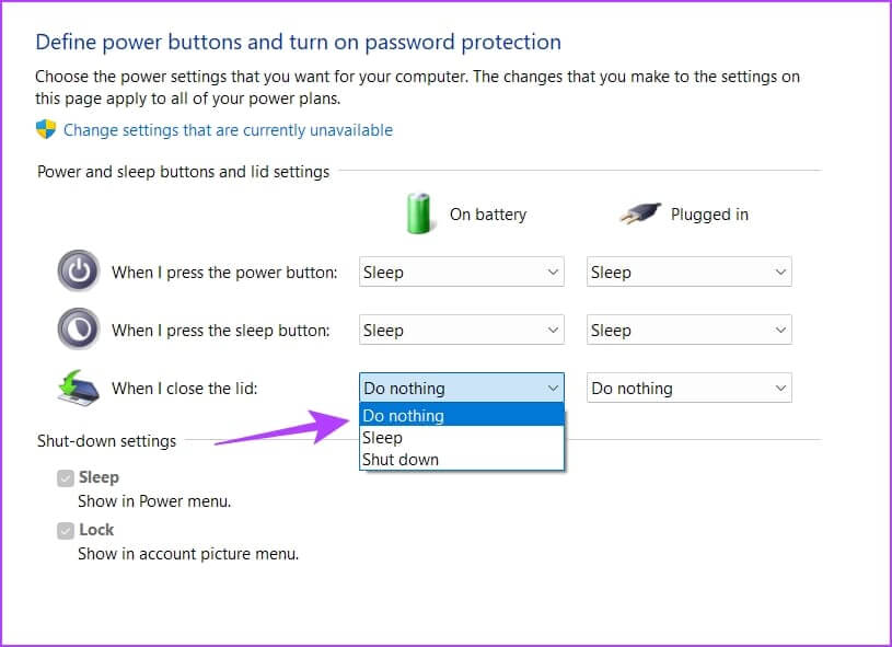Do-Nothing-on-Battery كيفية استخدام شاشة خارجية مع جهاز كمبيوتر محمول مغلق على نظام Windows