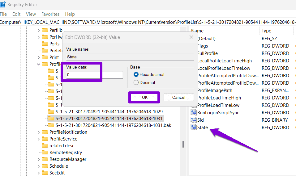 Edit-Registry-Entry أهم 5 إصلاحات لخطأ "فشلت خدمة ملف تعريف المستخدم في تسجيل الدخول" في Windows 11
