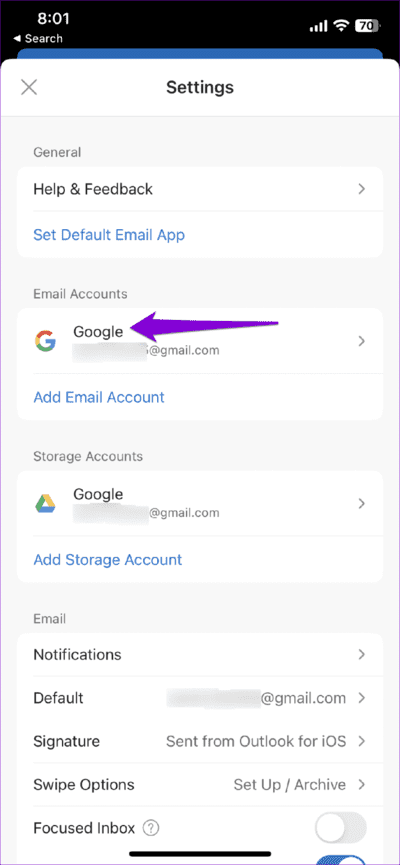 Email-Account-in-Outlook-App-710x1536-1 أفضل 7 طرق لإصلاح عدم إرسال رسائل البريد الإلكتروني في Microsoft Outlook على Android و iPhone