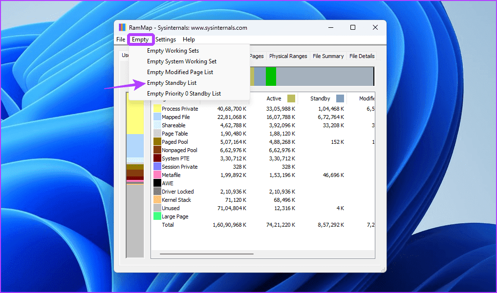 Empty-Standby-List أفضل 3 طرق لمسح ذاكرة التخزين المؤقت لذاكرة الوصول العشوائي على Windows 11