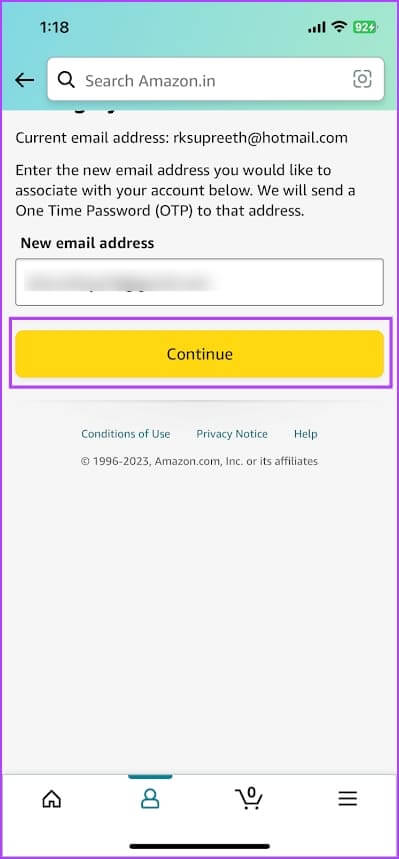Enter-New-Email-address-and-tap-on-continue كيفية تغيير عنوان البريد الإلكتروني على حساب Amazon