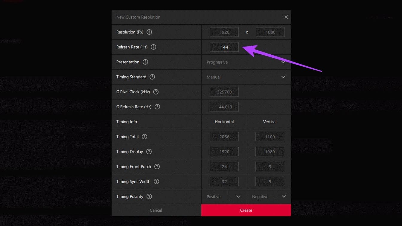 Enter-a-refresh-rate-of-your-choice.-Once-done-click-on-Create كيفية رفع تردد التشغيل على الشاشة: NVIDIA و AMD و Intel GPUs