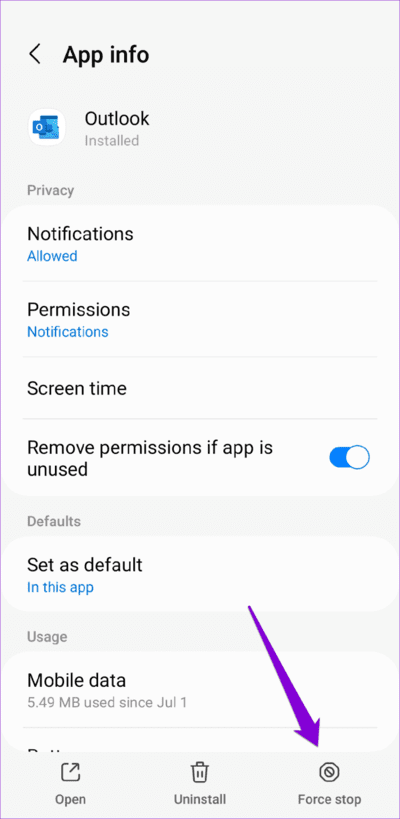 Force-Stop-Outlook-on-Android-750x1536-1 أفضل 7 طرق لإصلاح عدم إرسال رسائل البريد الإلكتروني في Microsoft Outlook على Android و iPhone