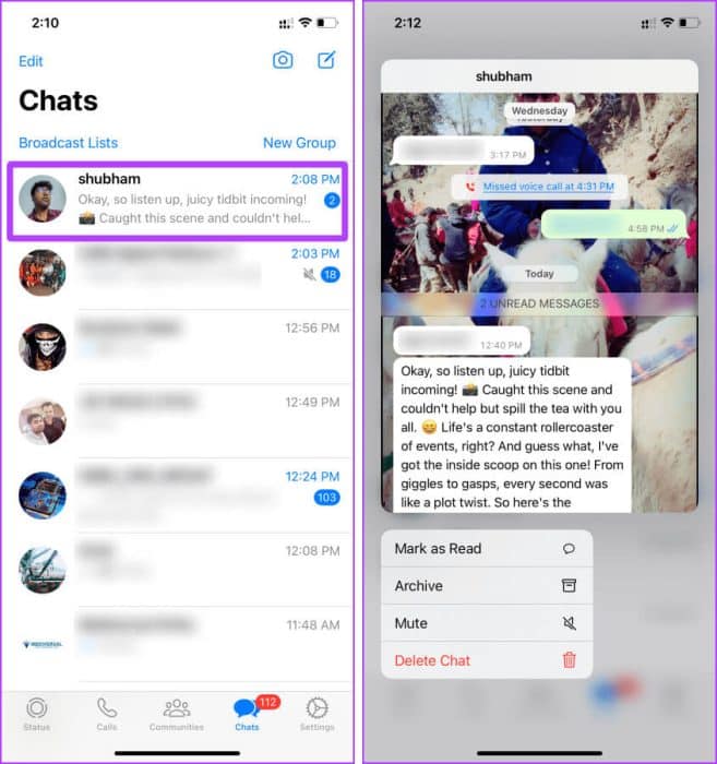 Long-Press-WhatsApp-Chat-Preview-e1692223358330 7 طرق لقراءة رسائل WhatsApp دون علم المرسل