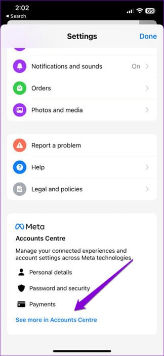 Meta-Account-Center-Settings-474x1024-1 أفضل 8 طرق لإصلاح عدم عمل بحث Messenger في المحادثة على Android وiPhone