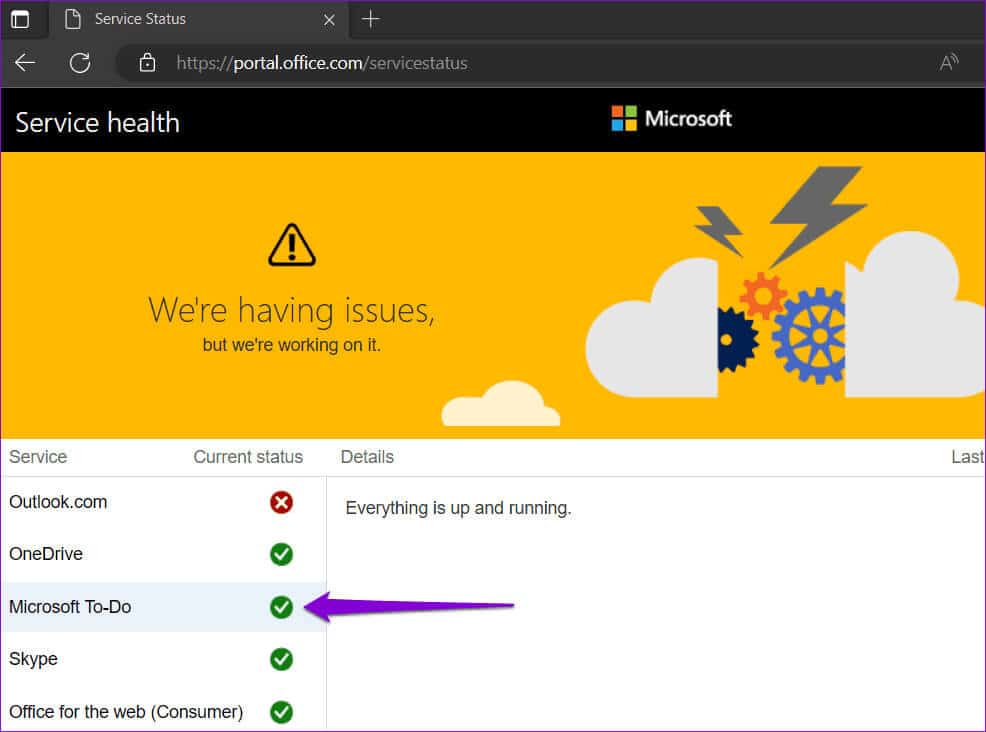 Microsoft-To-Do-App-Service-Status أفضل 7 طرق لإصلاح عدم مزامنة تطبيق Microsoft To Do على Windows