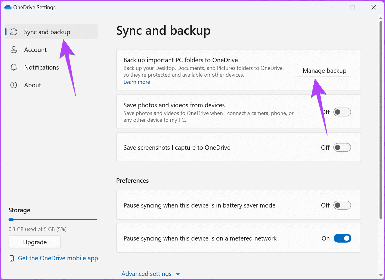 OneDrive-Settings-Manage-Backup كيفية منع OneDrive من مزامنة المجلدات على Windows