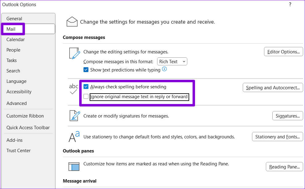 Outlook-Spell-Check-Settings أفضل 6 إصلاحات لعدم عمل التدقيق الإملائي في Microsoft Outlook لـ Windows
