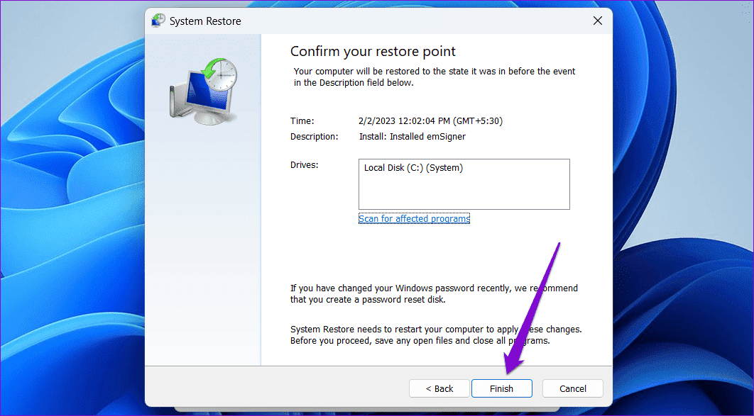 Perform-a-System-Restore-on-Windows-11 أهم 5 إصلاحات لخطأ "فشلت خدمة ملف تعريف المستخدم في تسجيل الدخول" في Windows 11