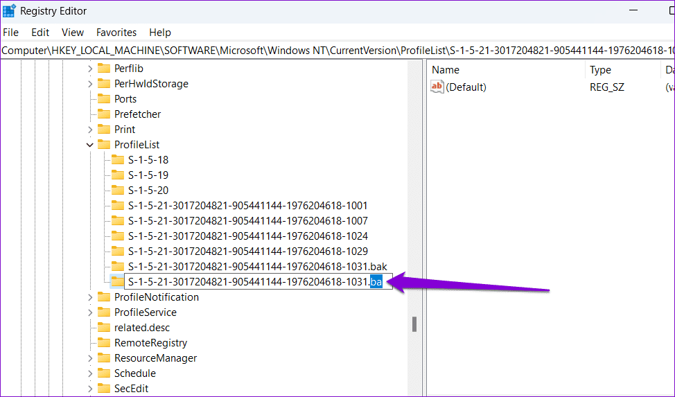 Rename-the-Key-in-Registry أهم 5 إصلاحات لخطأ "فشلت خدمة ملف تعريف المستخدم في تسجيل الدخول" في Windows 11