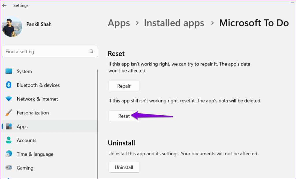 Reset-Microsoft-To-Do-App-1024x618-1 أفضل 7 طرق لإصلاح عدم مزامنة تطبيق Microsoft To Do على Windows