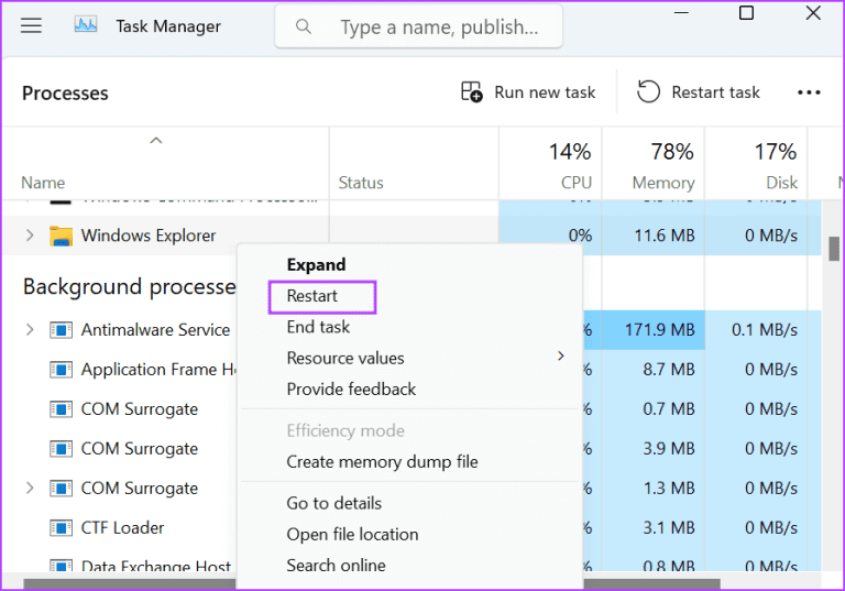 Restart-Windows-Explorer-9-768x537-1 أفضل 8 طرق لإصلاح مشكلة عدم عمل ميزة السحب والإفلات في Windows 11