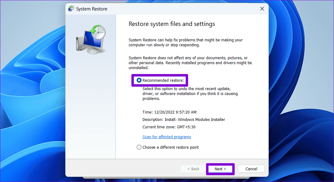 Restore-Point-Windows-11 أهم 5 إصلاحات لخطأ "فشلت خدمة ملف تعريف المستخدم في تسجيل الدخول" في Windows 11