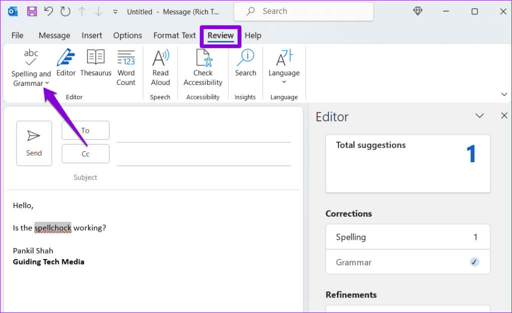 Run-Spell-Check-in-Outlook-1024x627-1 أفضل 6 إصلاحات لعدم عمل التدقيق الإملائي في Microsoft Outlook لـ Windows