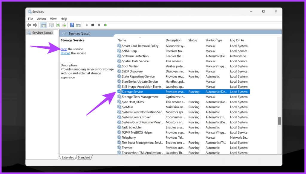 Scroll-all-the-way-down-till-you-find-Storage-Service.-Click-on-Stop-to-halt-the-service-1024x581-1 8 إصلاحات لتطبيق Xbox عالق في الخطأ "Few Things That Are Missing on This PC".