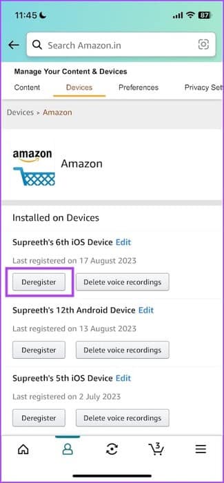 Select-Deregister كيفية تسجيل الخروج من تطبيق أو موقع Amazon
