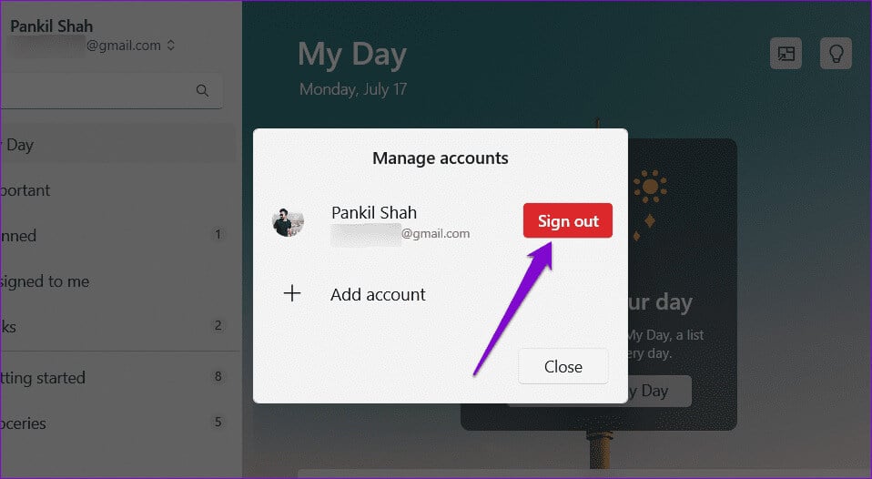 Sign-Out-of-Microsoft-To-Do-App أفضل 7 طرق لإصلاح عدم مزامنة تطبيق Microsoft To Do على Windows