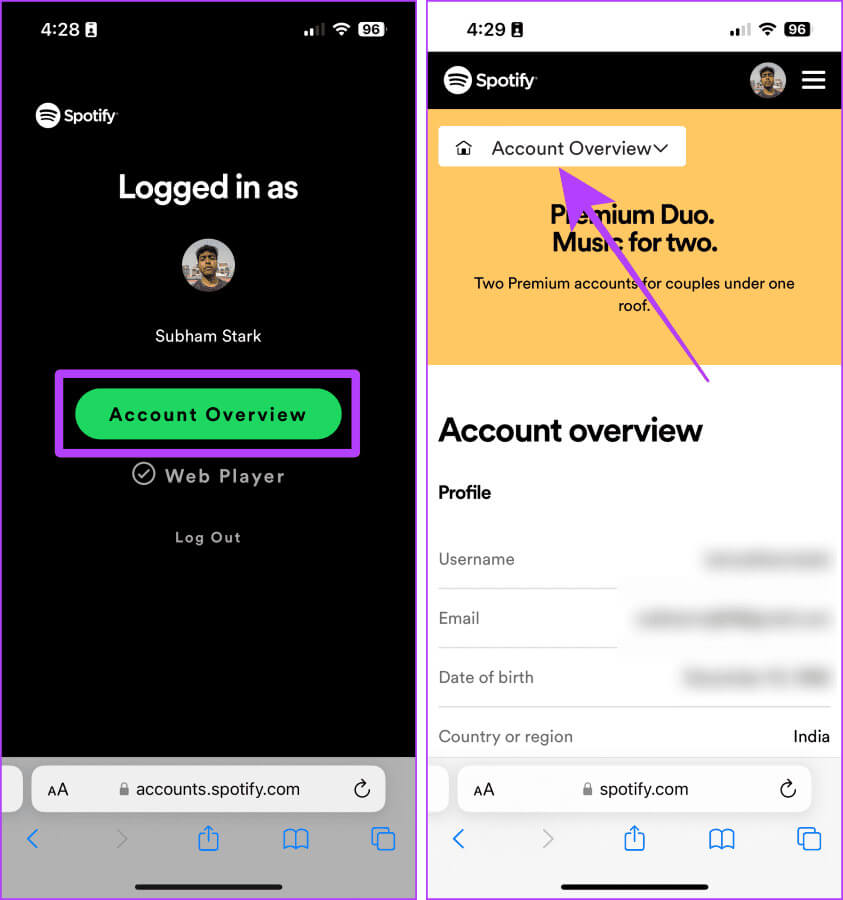 Spotify-Account-Overview-page-on-mobile-browser كيفية استرداد قوائم تشغيل Spotify المحذوفة (الويب والتطبيق)