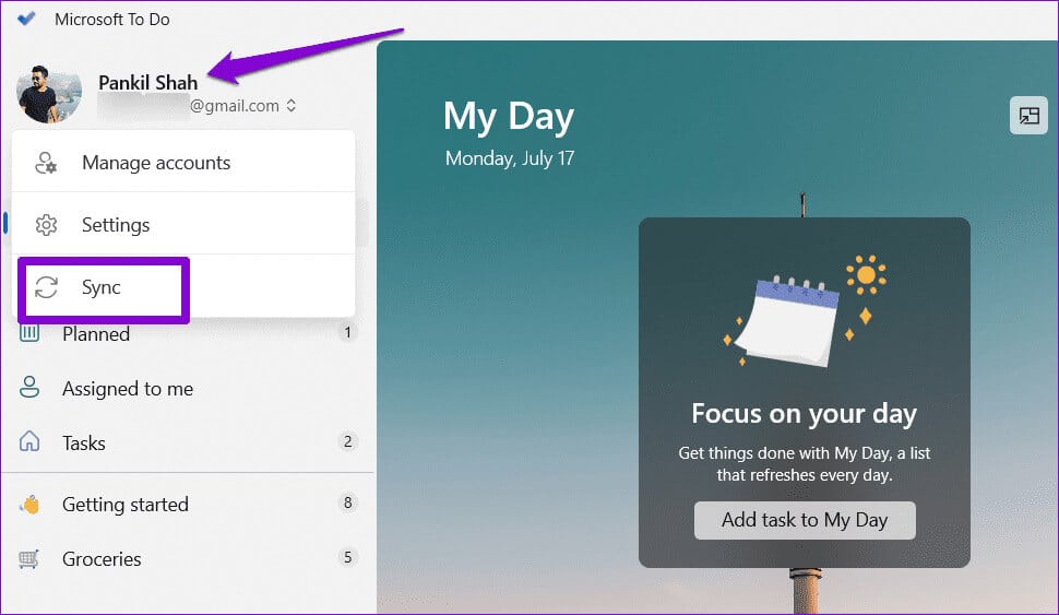 Sync-Microsoft-To-Do-Manually أفضل 7 طرق لإصلاح عدم مزامنة تطبيق Microsoft To Do على Windows