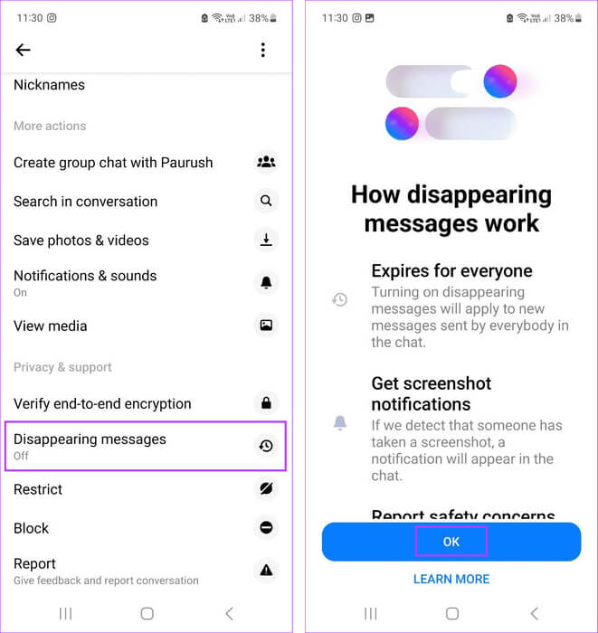 Tap-on-Disappearing-Messages كيفية عرض المحادثات السرية على Messenger