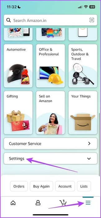 Tap-on-Menu-and-Settings كيفية تسجيل الخروج من تطبيق أو موقع Amazon