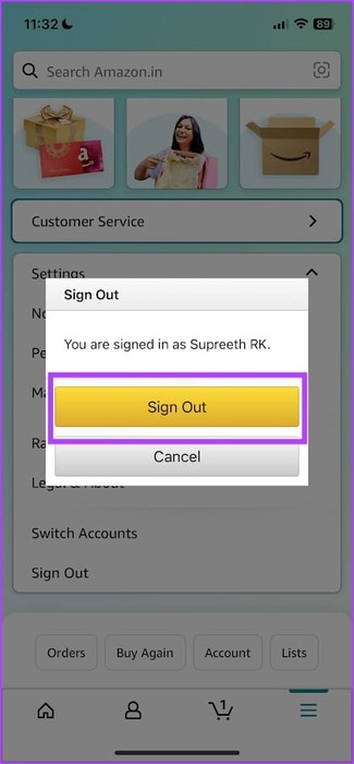 Tap-on-Sign-Out-to-confirm كيفية تسجيل الخروج من تطبيق أو موقع Amazon