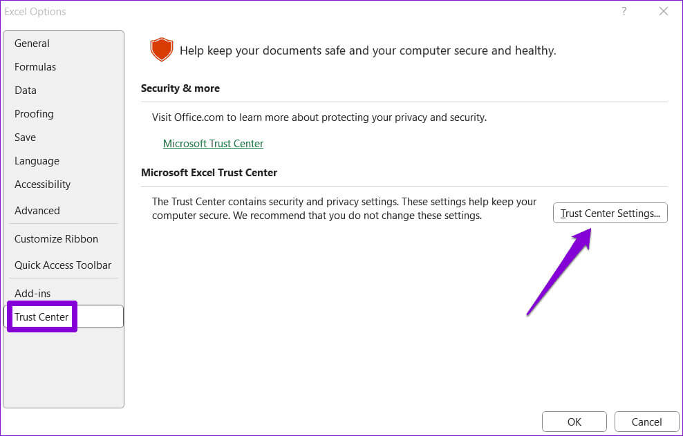 Trust-Center-in-Excel أفضل 6 طرق لإصلاح عدم عمل الارتباطات التشعبية في Microsoft Excel