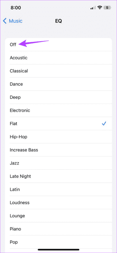 Turn-Off-Equalizer 9 طرق لإصلاح مشكلة انخفاض مستوى صوت Apple Music على iPhone