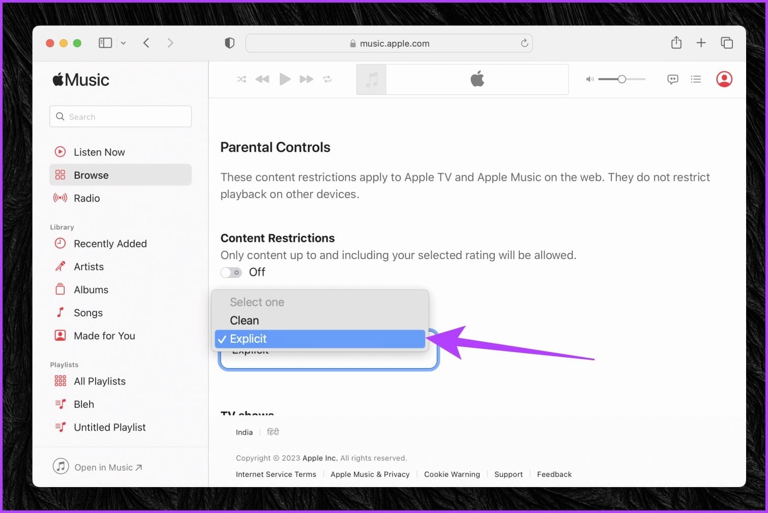Turn-off-or-Allow-Explicit-content-on-Apple-Music-Web-Player-Step-3 كيفية السماح بالمحتوى الصريح أو إيقاف تشغيله على Apple Music