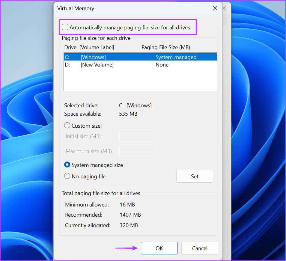 Tweak-Paging-File-Settings-3 أفضل 7 طرق لإصلاح الخطأ "Page Fault in Nonpaged Area’" في Windows 10 وWindows 11