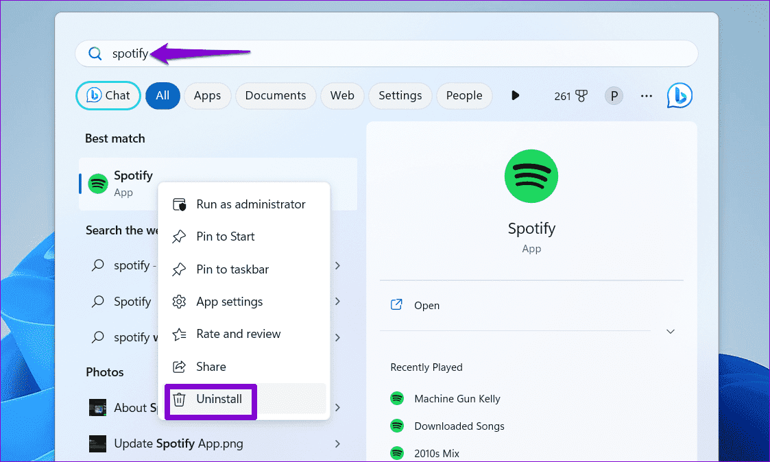 Uninstall-Spotify-on-Windows أفضل 9 طرق لإصلاح خطأ "Spotify لا يمكنه تشغيل هذا الآن"
