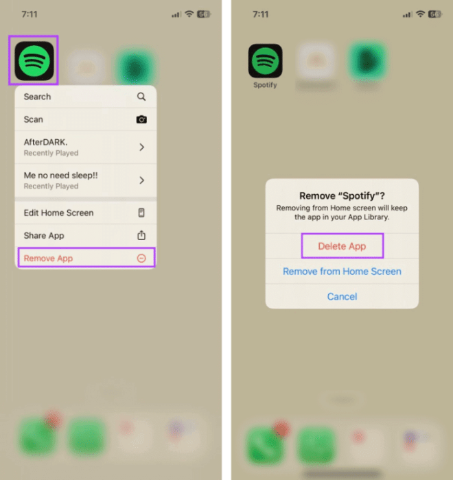 Uninstall-Spotify-on-iPhone-1-768x814-1-e1692695573422 8 طرق سهلة لإصلاح اختفاء أو عدم عمل Spotify Sleep Timer