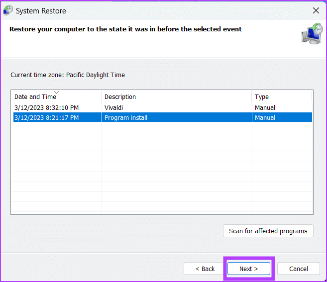 Use-system-restore-2-4 أفضل 8 طرق لإصلاح مشكلة عدم عمل ميزة السحب والإفلات في Windows 11