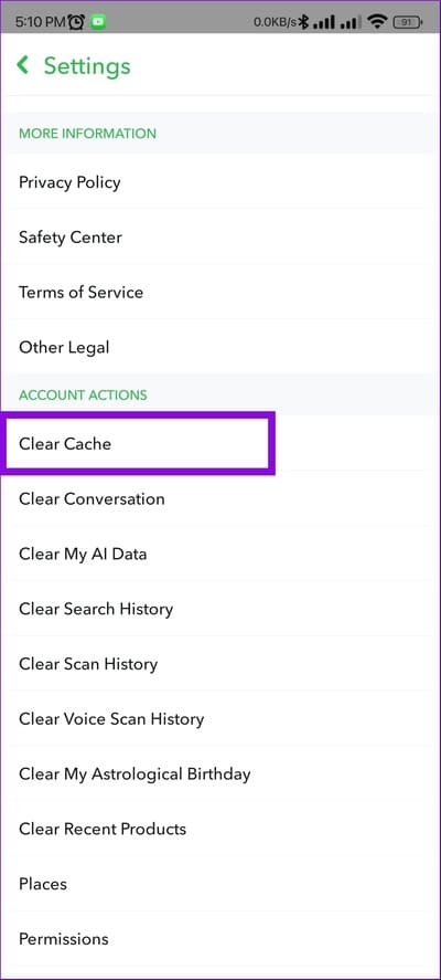 choose-clear-cache-1-1 9 طرق لإصلاح ظهور خطأ "فشل الإرسال" في Snapchat  على Android و iPhone