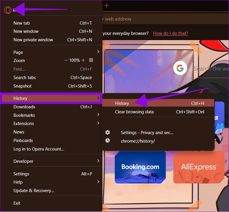 choose-opera-logo-history-and-choose-history-again كيفية استخدام "Fake My History" في Opera GX