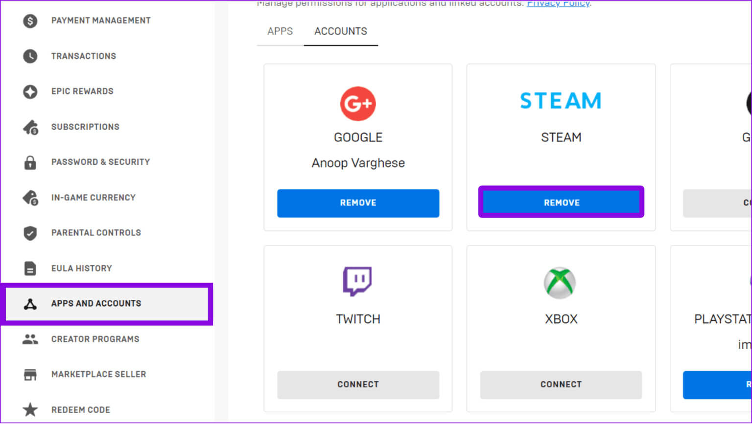 choose-the-apps-and-accounts-and-choose-remove-under-steam-1536x867-1 كيفية ربط Epic Games بـ Steam: كل ما تحتاج إلى معرفته