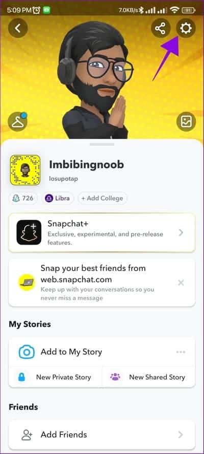 choose-the-gear-icon-at-the-top-right-corner-1 9 طرق لإصلاح ظهور خطأ "فشل الإرسال" في Snapchat  على Android و iPhone