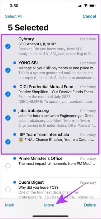 choose-the-messages-to-recover-and-tap-move كيفية الحذف التلقائي لنصوص رمز التحقق ورسائل البريد الإلكتروني على أجهزة Apple