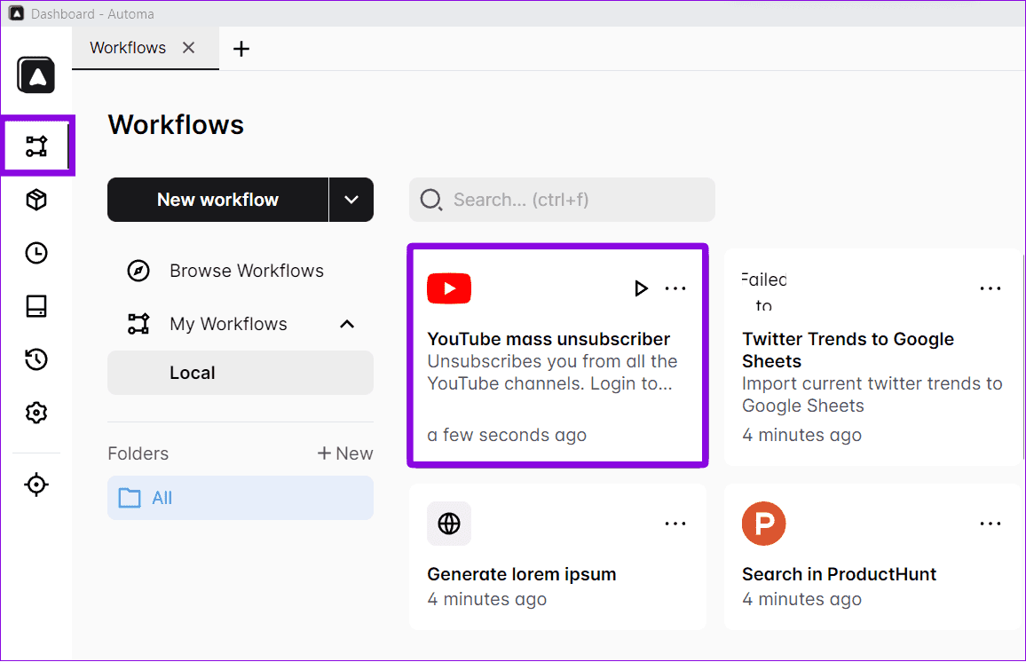 choose-workflows-and-choose-youtube-mass-unsubscriber كيفية إلغاء الاشتراك من جميع قنوات YouTube مرة واحدة