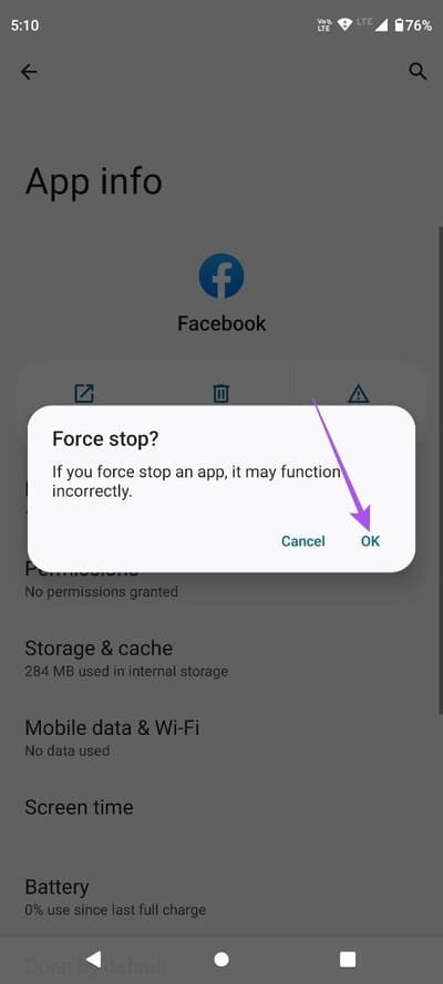 confirm-force-stop-facebook-app-info-android-1 أفضل 4 إصلاحات عدم عمل ميزة "إضافة إلى قائمة الانتظار" على YouTube على iPhone و Android