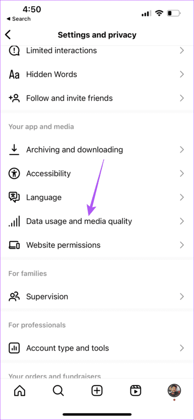 data-usage-and-media-quality-instagram-711x1536-1 أفضل 7 إصلاحات لعدم ظهور حالة الكتابة على Instagram على iPhone